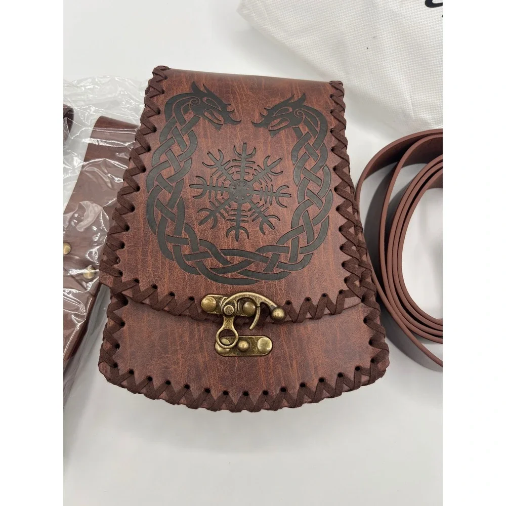 HiiFeuer Viking Renaissance Belt Pouch Frog Set Brown Faux Leather Cosplay LARP
